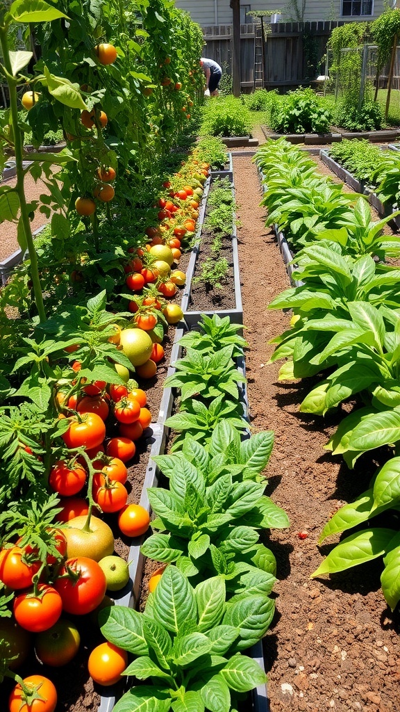Beginner A colorful vegetable garden with tomatoes, peppers, and greens in a sunny backyard.